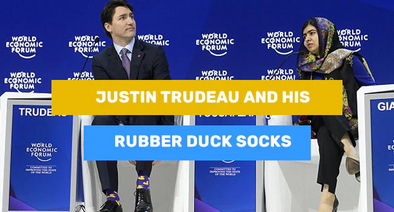 Justin Trudeau cracks out another pair of novelty rubber duck socks at the Davos World Economic Forum summit